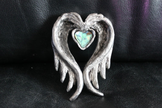 Pewter Winged Heart Paper Weight Paua Shell